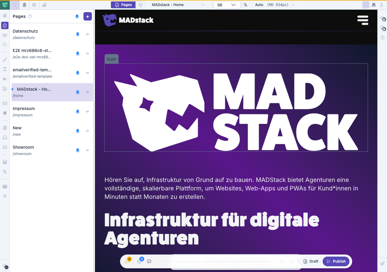MADstack page editor showing the home page canvas